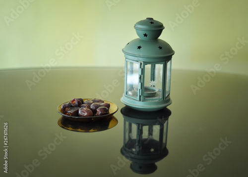 Ramadan concept. Dates fruit (kurma) with decorative Arabic concept background. - Image 