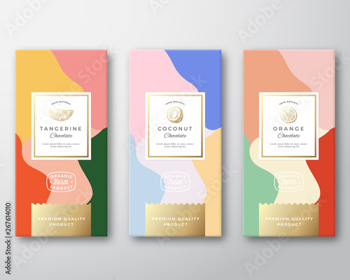 Tangerine, Orange and Coconut Chocolate Labels Set. Abstract Vector Packaging Design Layout with Soft Realistic Shadows. Modern Typography, Hand Drawn Citrus Silhouettes and Colorful Background.