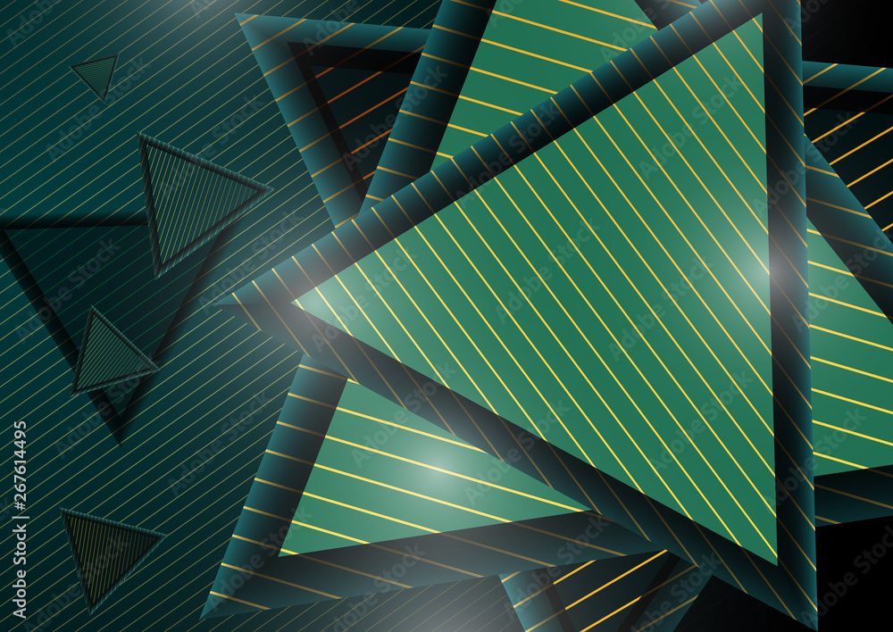 Naklejka premium Abstract modern geometric composition with decorative triangles. Striped triangles and striped dark background.