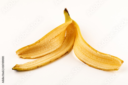 Banana rind close up on white background.