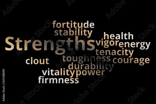 Strengths word cloud collage. Business and motivation concept background