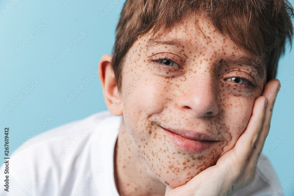 Obraz premium Portrait closeup of carefree beautiful boy 10-12y with freckles wearing white casual t-shirt smiling at camera