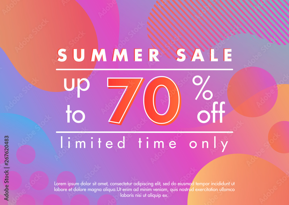 Plakat Summer sale banner.Unique design card with gradient background,shapes and geometric elements in memphis style.Sale season card perfect for prints, flyers,banners, promotion,special offer and more.