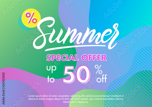 Summer sale banner.Unique design card with gradient background shapes and geometric elements in memphis style.Sale season card perfect for prints  flyers banners  promotion special offer and more.