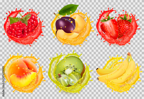 Set of fruit juice splash. Raspberry, plum, strawberry, banana, kiwi, peach, raspberry, Vector