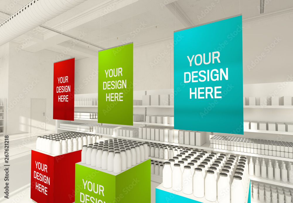 Modelo de Three Hanging Posters on Supermarket Mockup do Stock Adobe