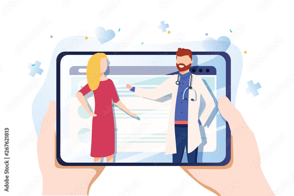 Vector illustration in simple flat style - online and tele medicine concept - hands and screen with app for healthcare - obrazy, fototapety, plakaty 