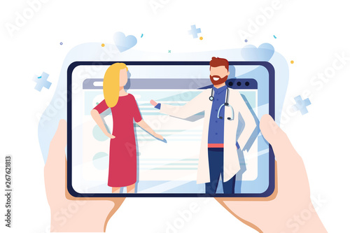 Vector illustration in simple flat style - online and tele medicine concept - hands and screen with app for healthcare