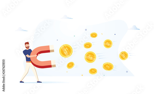 Business man holding a big magnet and attracting money. Investment attraction concept. Modern vector illustration.