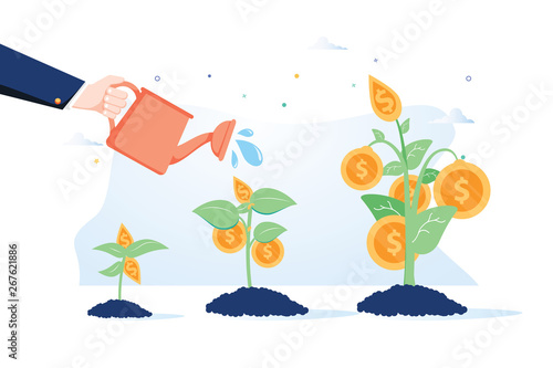 Business growth concept. Vector of a business man hand with pot watering profitable money tree.