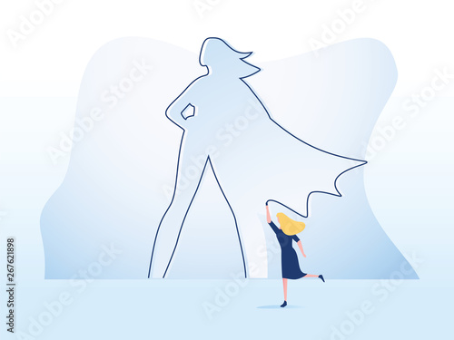 Business ambition and motivation vector concept with businesswoman drawing superhero on wall. Symbol of confidence