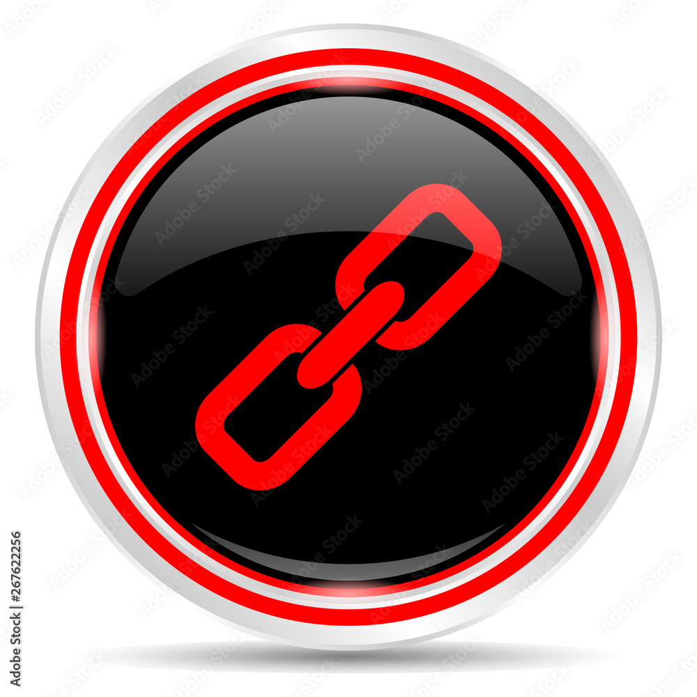 Link icon. Round metal web button, black and red. Link icon. Round metal web button, black and red.