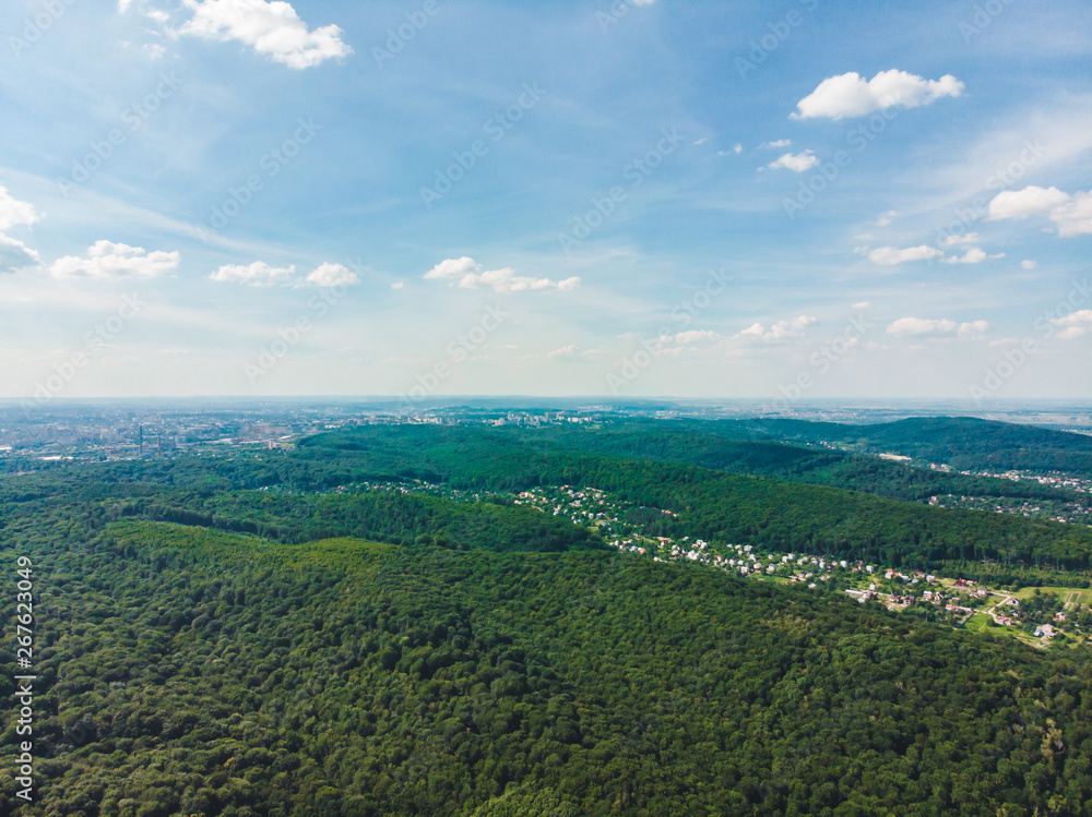 aerial view of the city in the center of green forest