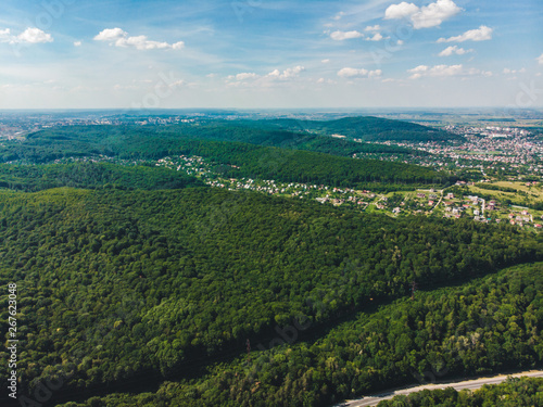 aerial view of the city in the center of green forest