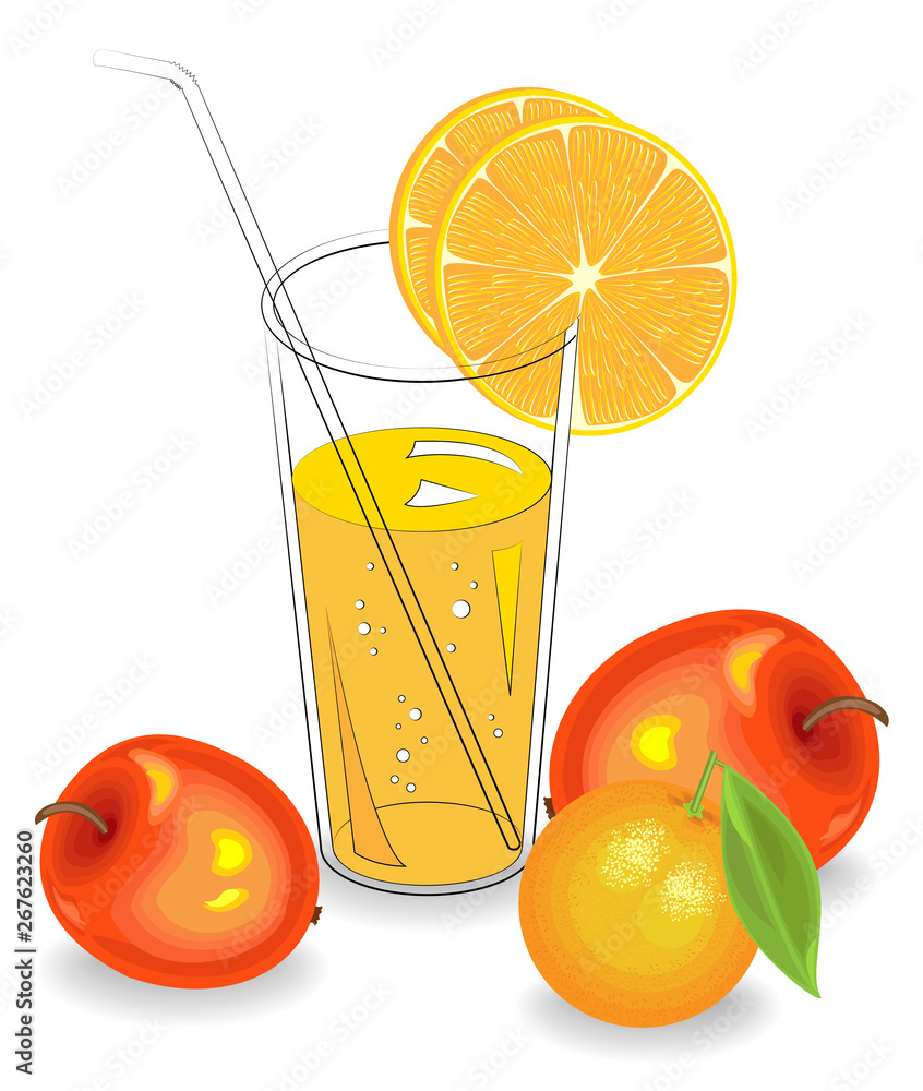 Delicious refreshing drink. In a glass of natural fruit juice, a piece of mandarin, orange and apple. Vector illustration Delicious refreshing drink. In a glass of natural fruit juice, a piece of mandarin, orange and apple. Vector illustration