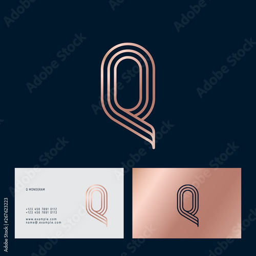 Q letter. Gold Q monogram consist of thin lines isolated on a dark background. Business card. Web, UI icon. Identity. 