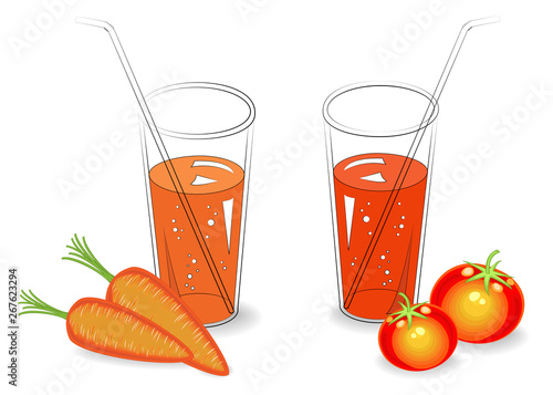 Collection. Useful medicinal and tasty drink. In a glass of natural vegetable juice, tomato and ripe fruit carrots. Vector illustration, set