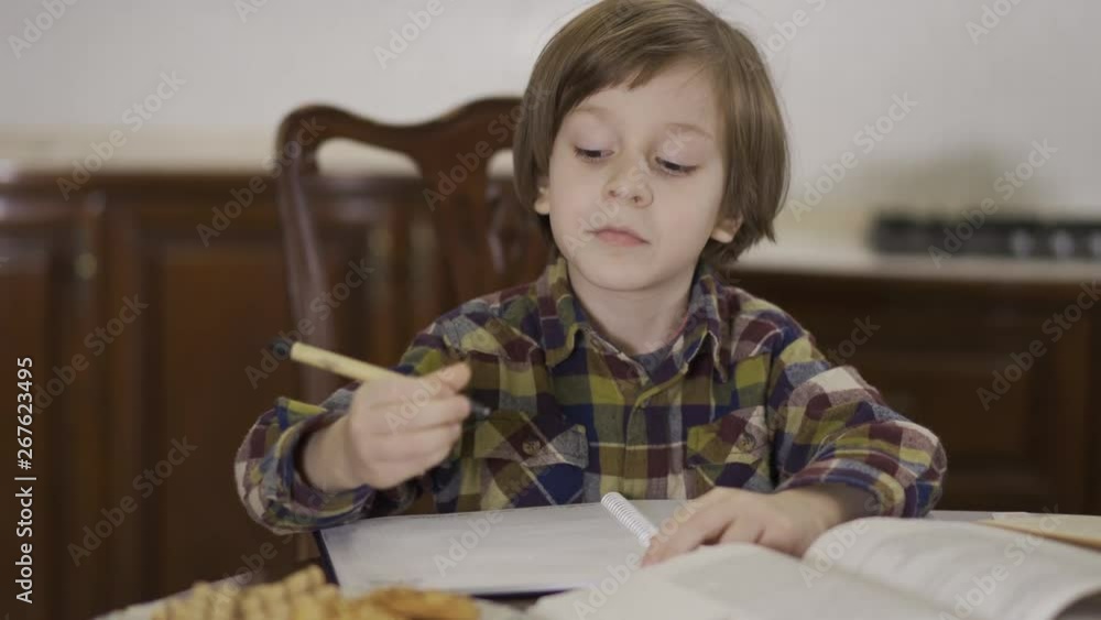 Cute funny little boy in checkered shirt doing his homework sitting at home at the table. The schoolboy drawing in his notebook. Camera moving left and right Cute funny little boy in checkered shirt doing his homework sitting at home at the table. The schoolboy drawing in his notebook. Camera moving left and right