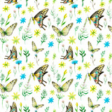 watercolor drawings of butterflies and flowers - seamless pattern