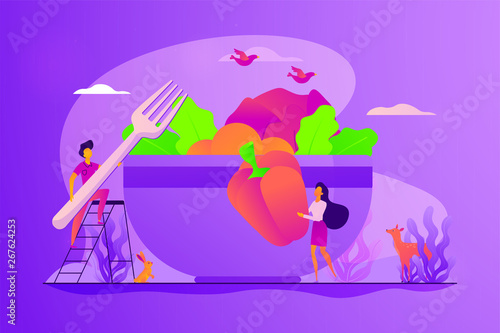 Raw veganism, raw foodism, fruitarianism, juicearianism and sproutarianism concept. Vector isolated concept illustration with tiny people and floral elements. Hero image for website.