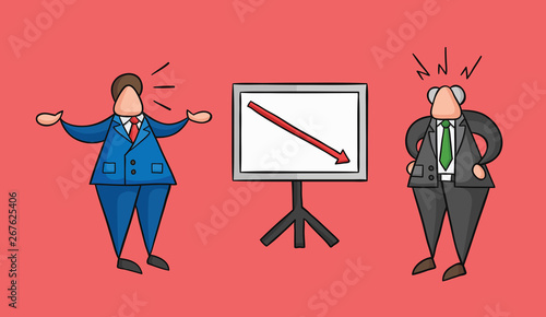 Hand-drawn vector businessman worker showing sales chart arrow moving down and boss is angry