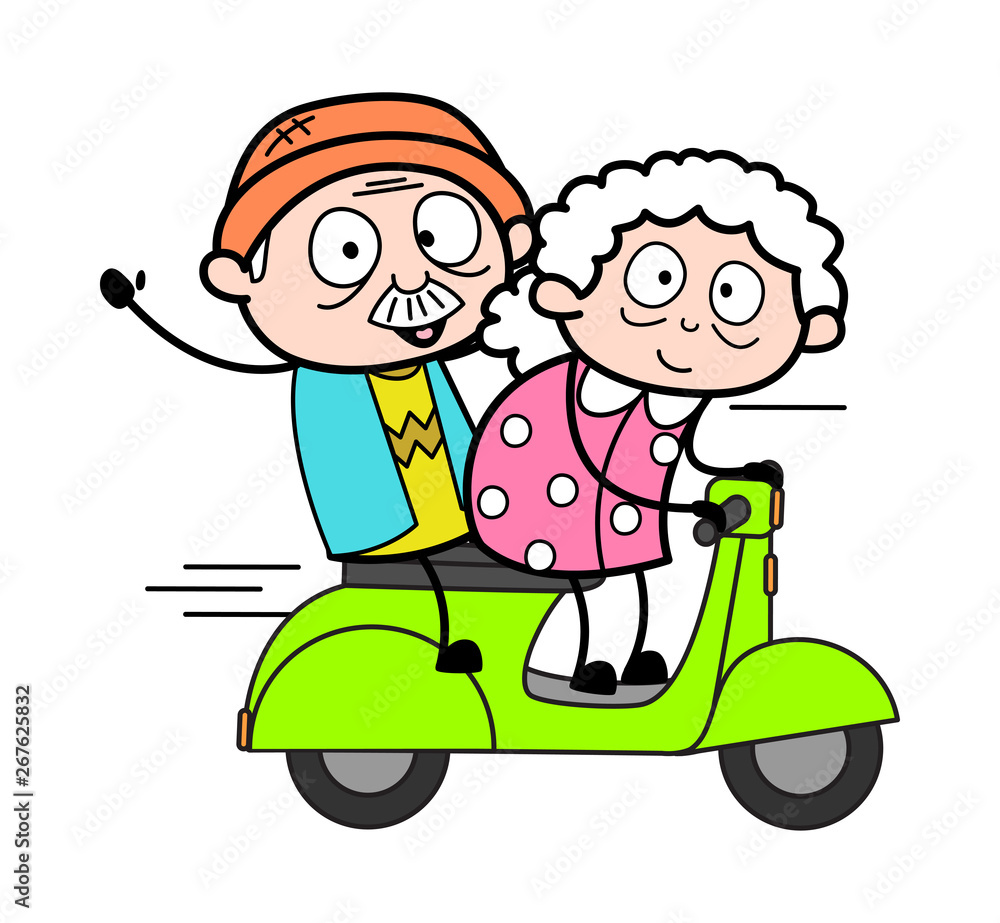 Travelling on Scooter - Old Woman Cartoon Granny Vector Illustration Travelling on Scooter - Old Woman Cartoon Granny Vector Illustration