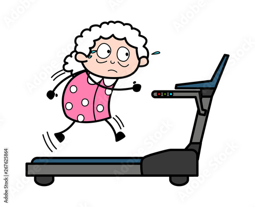 Doing Exercise on Treadmill - Old Woman Cartoon Granny Vector Illustration