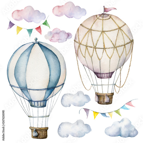 Stampa su Tela Watercolor set with hot air balloons and garland