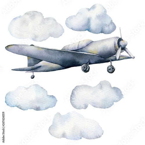 Obraz Akwarela z chmury i samolot. Wręcza malującą niebo ilustrację z samolotem odizolowywającym na białym tle. Do projektowania, nadruków, tkanin lub tła.