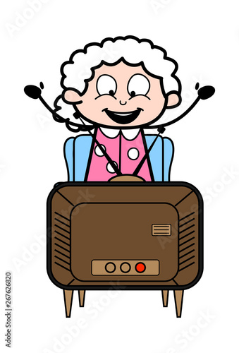 Enjoying after Watching Television - Old Woman Cartoon Granny Vector Illustration