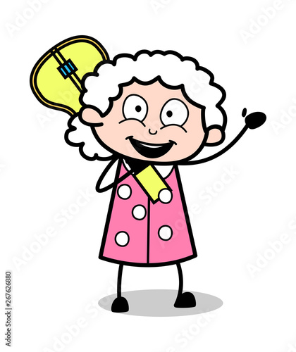 Holding a Guitar and Saying Hello - Old Woman Cartoon Granny Vector Illustration