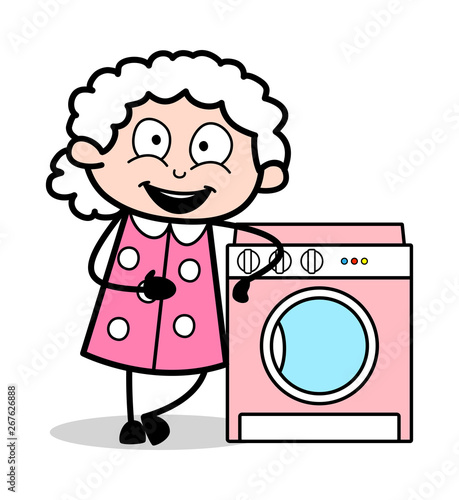 Presenting a Washing Mashine - Old Woman Cartoon Granny Vector Illustration