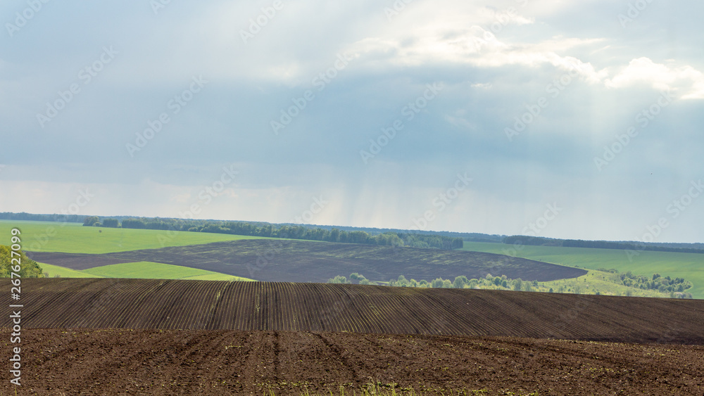 Rain over the agricultural fields, heavy stormy clouds slowly water fields