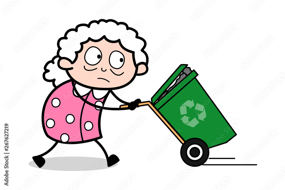 Running with Dustbin - Old Woman Cartoon Granny Vector Illustration Running with Dustbin - Old Woman Cartoon Granny Vector Illustration