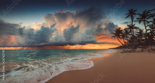 Landscape of paradise tropical island beach, sunrise shot photo