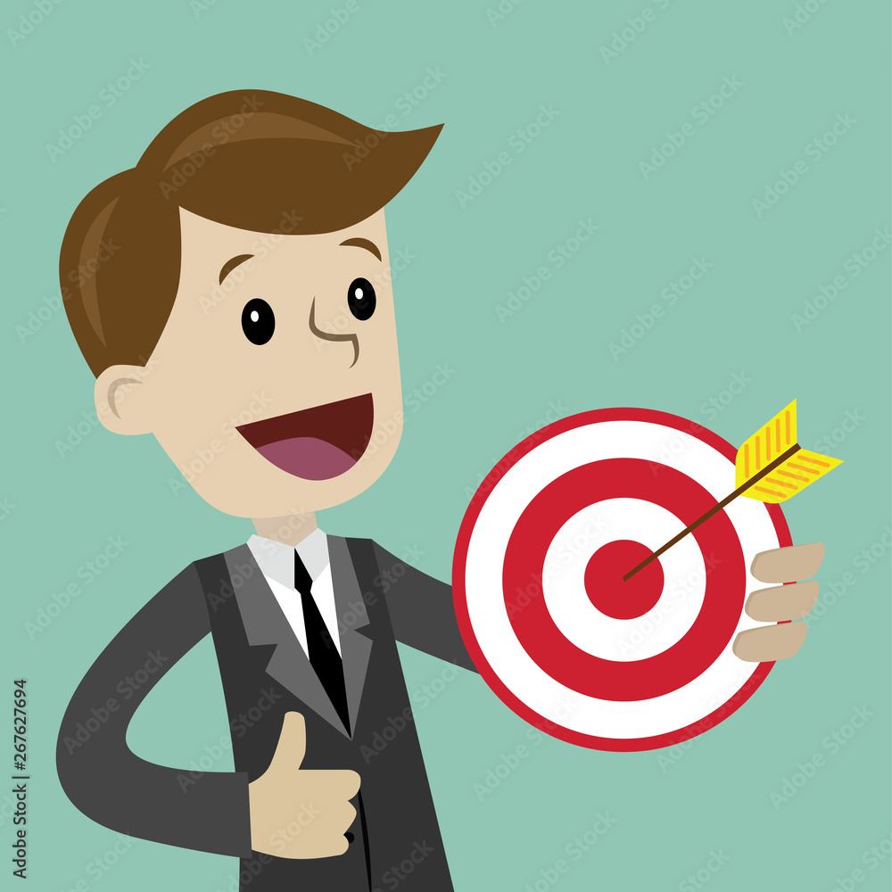 Businessman pointing to the big target. Vector, illustration, flat Businessman pointing to the big target. Vector, illustration, flat