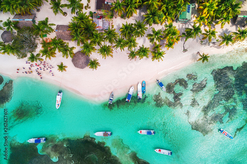 Photography Aerial view of tropical island beach and caribbean sea shore