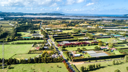 Little farms and orchards with oceanic bay on the background. Auckland, New Zealand