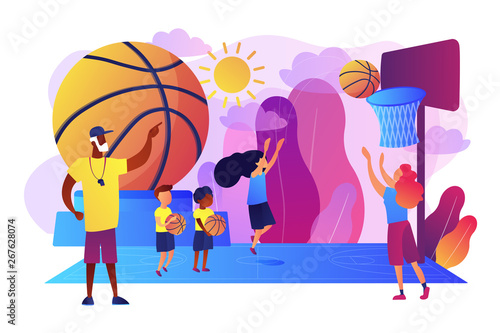 Coach teaching and kids practicing basketball in summer camp, tiny people. Basketball camp, academy, achieve basketball goals concept. Bright vibrant violet vector isolated illustration