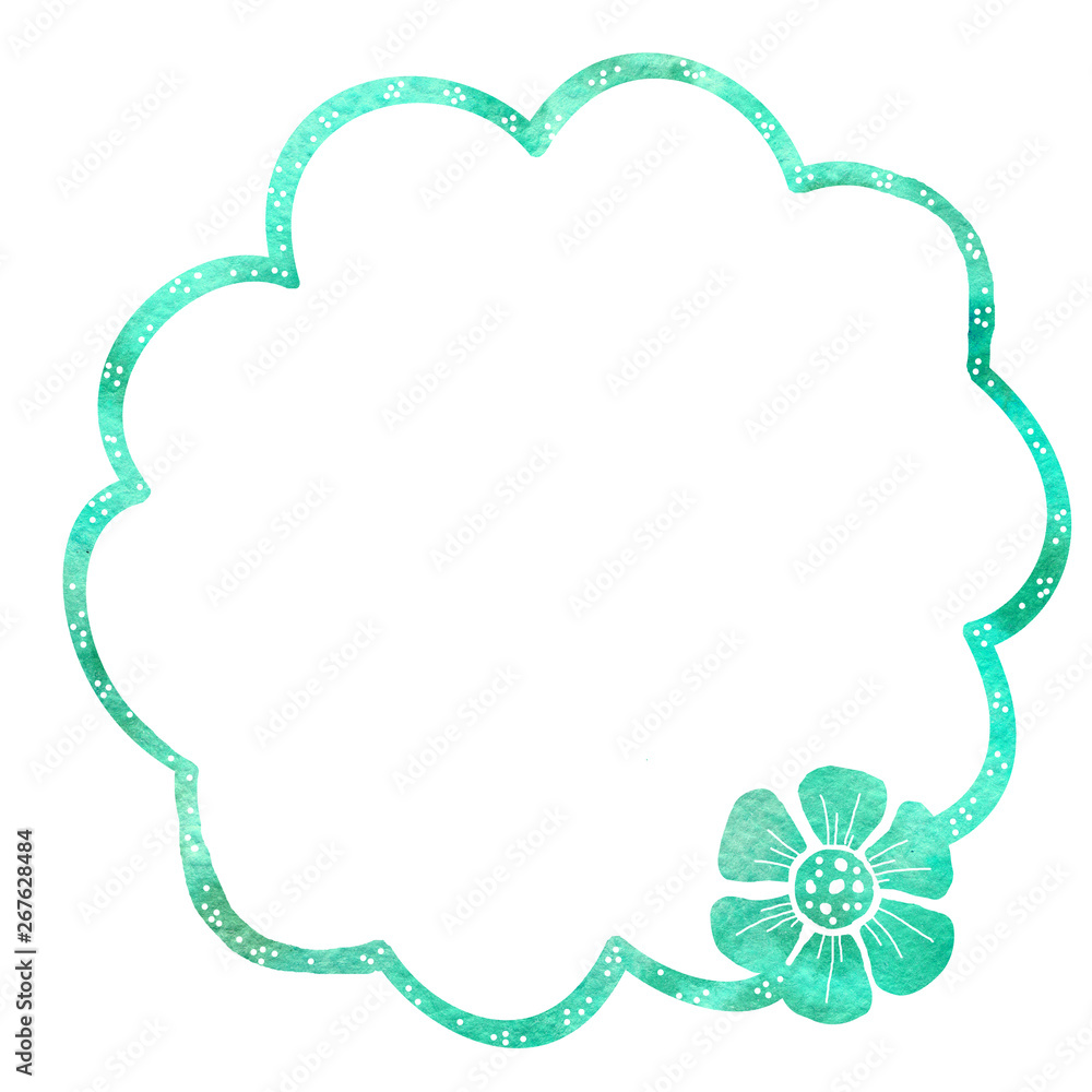 Round frame of flowers. Watercolor drawing with a contour stroke on a white background, for the design of invitations, cards.