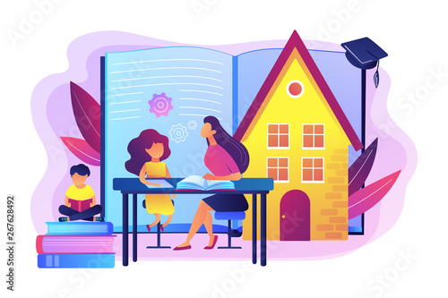 Children at home with tutor or parent getting education, tiny people. Home schooling, home education plan, homeschooling online tutor concept. Bright vibrant violet vector isolated illustration