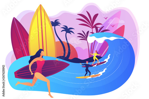 Teacher teaching surfing, riding a wave on the surfboard in ocean, tiny people. Surfing school, surf spot area, learn to surf here concept. Bright vibrant violet vector isolated illustration