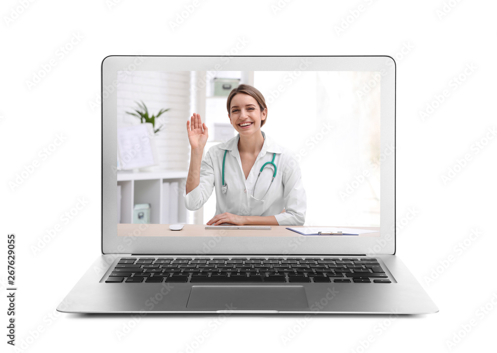 Using laptop for video chat with doctor on white background. Online consultation Using laptop for video chat with doctor on white background. Online consultation