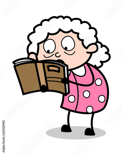 Reading Book - Old Woman Cartoon Granny Vector Illustration