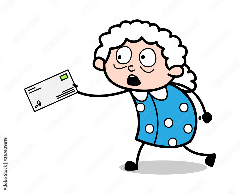 Running in Hurry to Deliver the Letter - Old Woman Cartoon Granny Vector Illustration