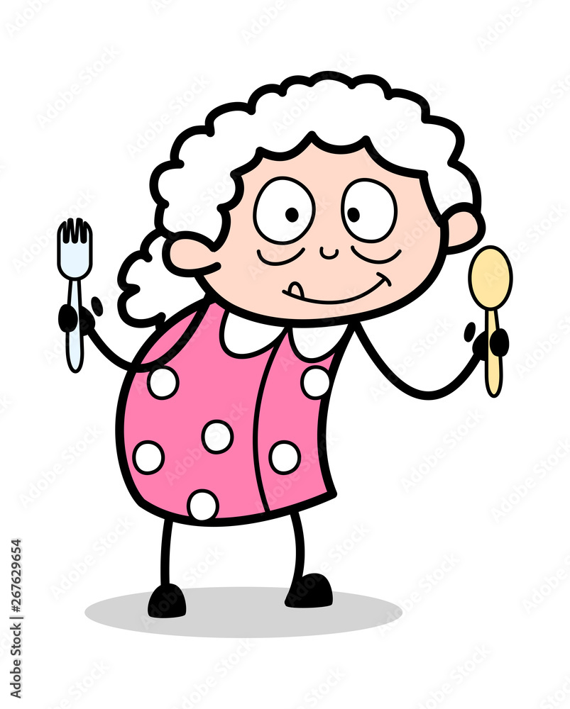 Showing Spoons - Old Woman Cartoon Granny Vector Illustration Showing Spoons - Old Woman Cartoon Granny Vector Illustration