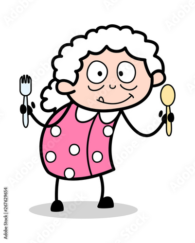Showing Spoons - Old Woman Cartoon Granny Vector Illustration