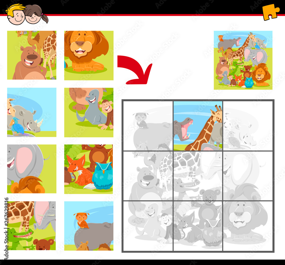 Fototapeta premium jigsaw puzzles with cartoon happy animals