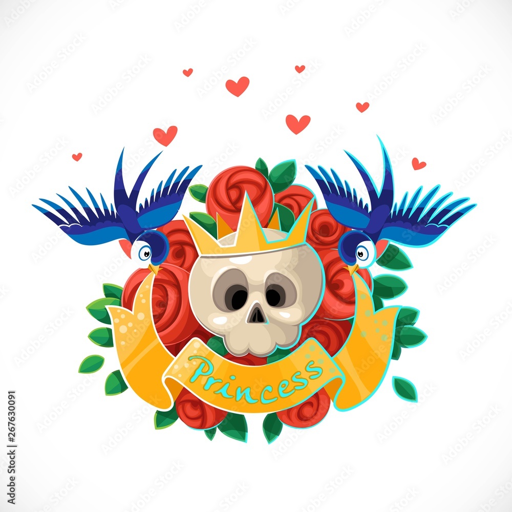 Fototapeta premium Princess emblem skull in crown surrounded by roses and with two swallow birds hold yellow ribbon stylized tattoo isolated on a white background