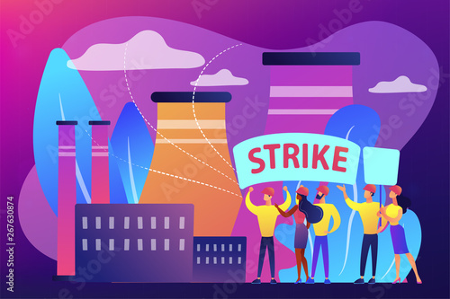 Tiny people crowd of workers hold plackards and fight for rights at factory. Strike action, labor movement strike, employees work stoppage concept. Bright vibrant violet vector isolated illustration